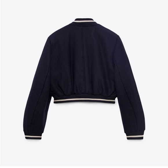 selling zara crop wool bomber jacket in navy, size small - Picture 4 of 8
